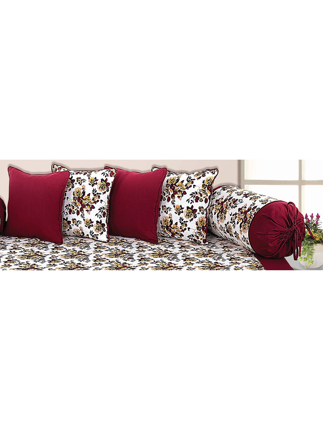 SHADES of LIFE Set Of 6 Maroon Printed Diwan Set With Bolsters & Cushions Price in India