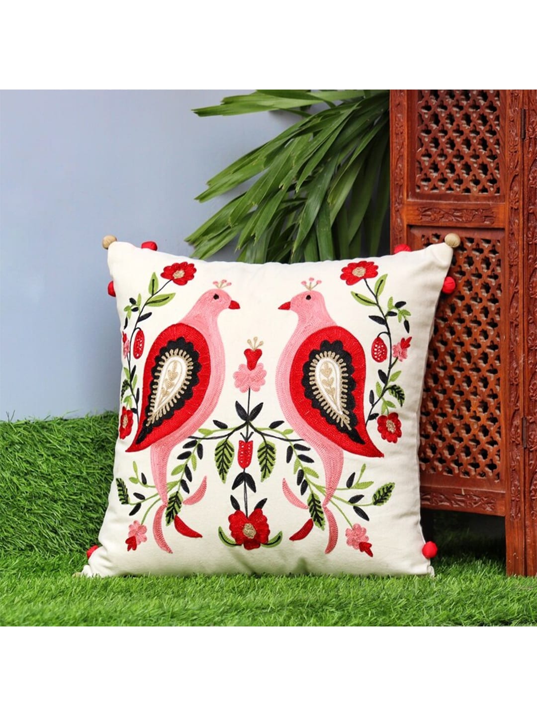 SHADES of LIFE Off White Set of 2 Ethnic Motifs Square Cushion Covers Price in India