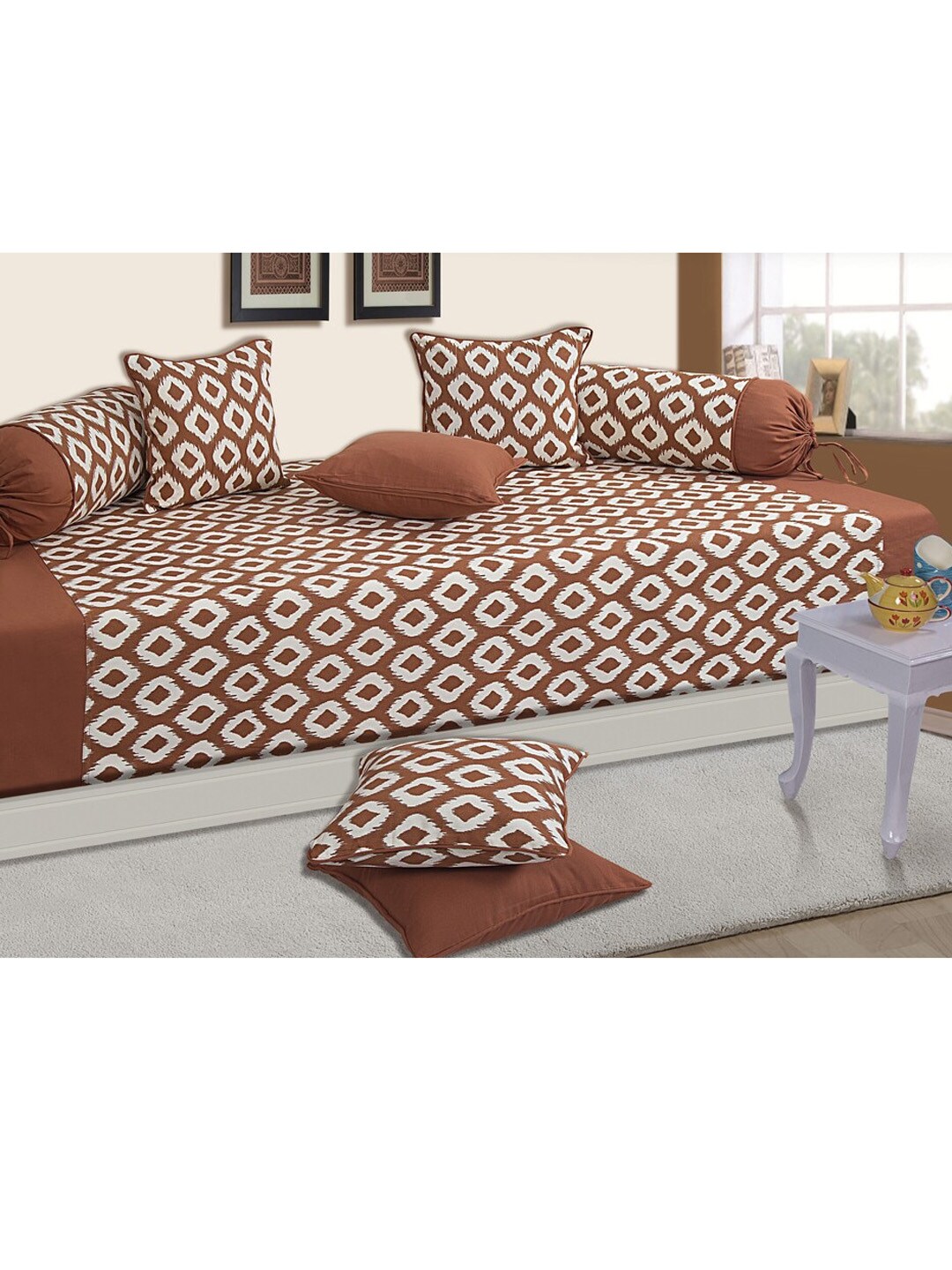 SHADES of LIFE Mustard Brown & White Printed 8-Pcs Cotton Bedsheet With Bolster & Cushion Covers Price in India