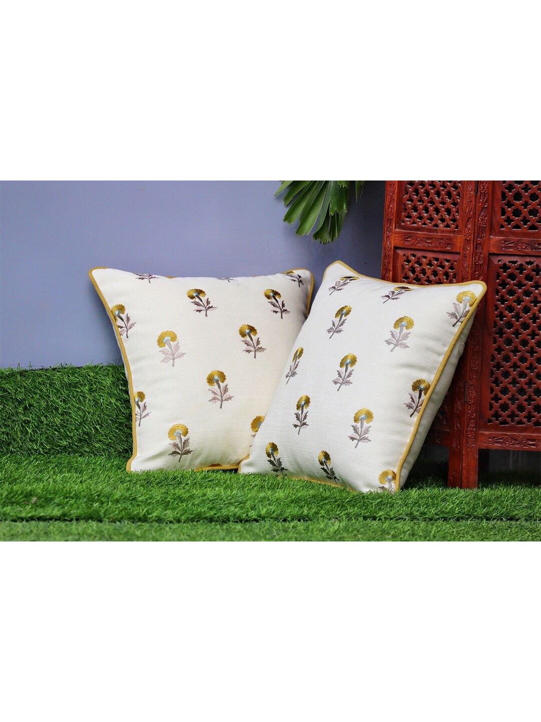 SHADES of LIFE Off White & Yellow Set of 2 Floral Square Cushion Covers Price in India