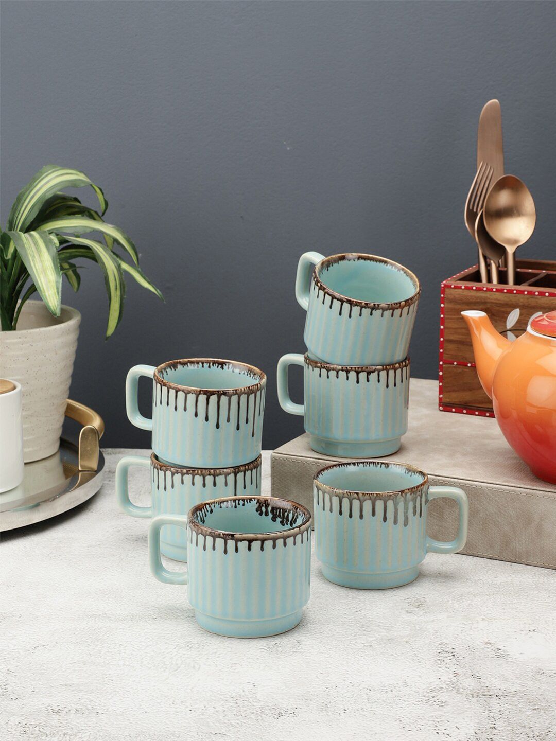 VarEesha Sea Green & Grey Handcrafted and Hand Painted Solid Ceramic Glossy Cups Set of Cups and Mugs Price in India