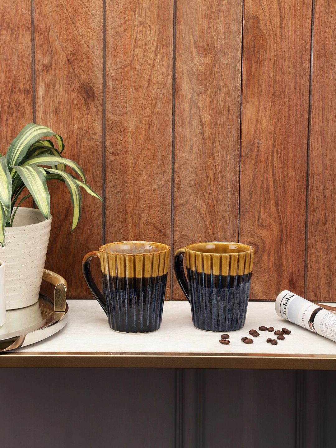 VarEesha Mustard & Black Textured Ceramic Glossy  Set of 2 Coffee Mugs Price in India