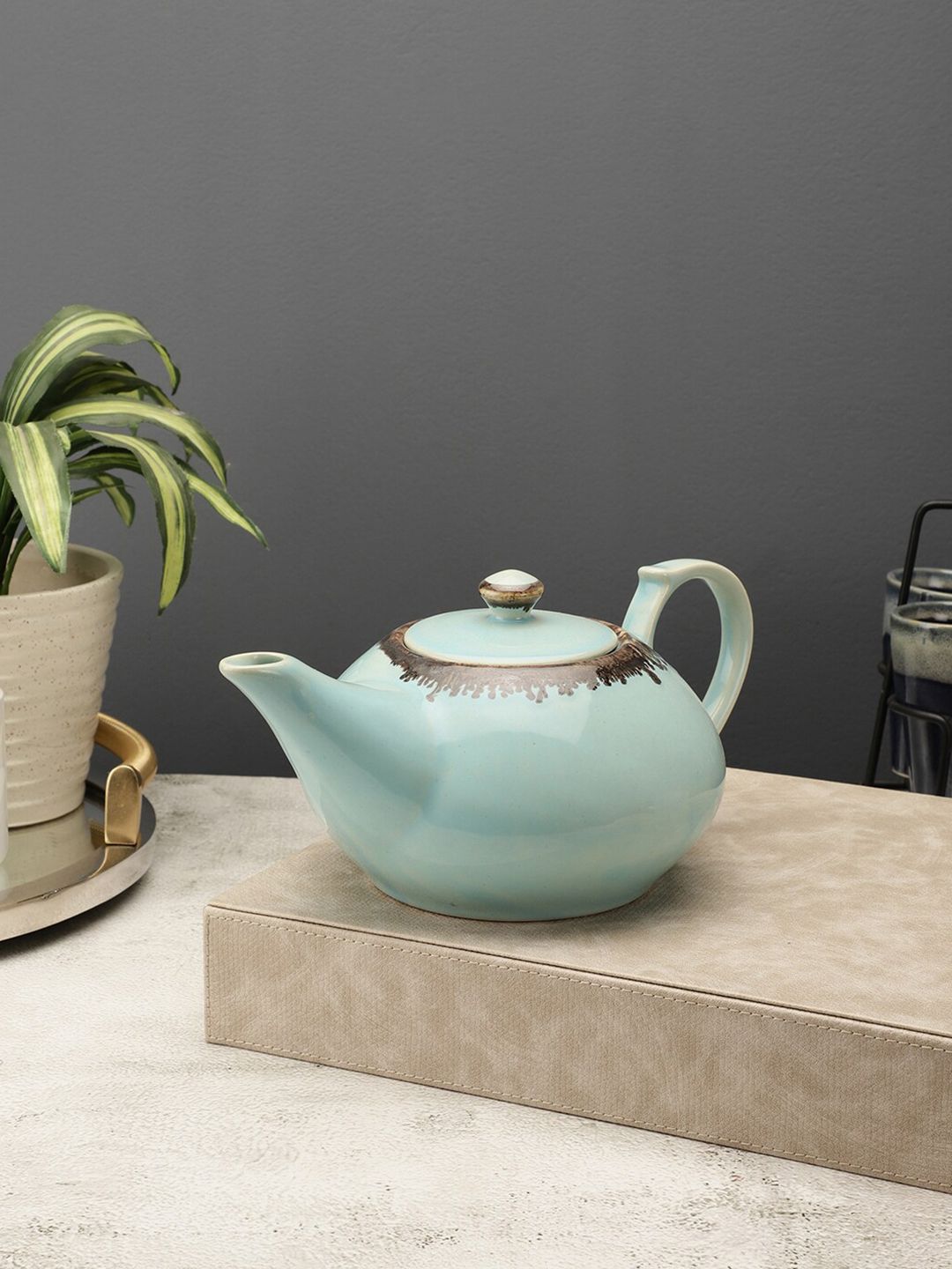 VarEesha Sea Green & Gold-Toned Handcrafted and Hand Painted Solid Ceramic Glossy Kettle Set of Cups and Mugs Price in India