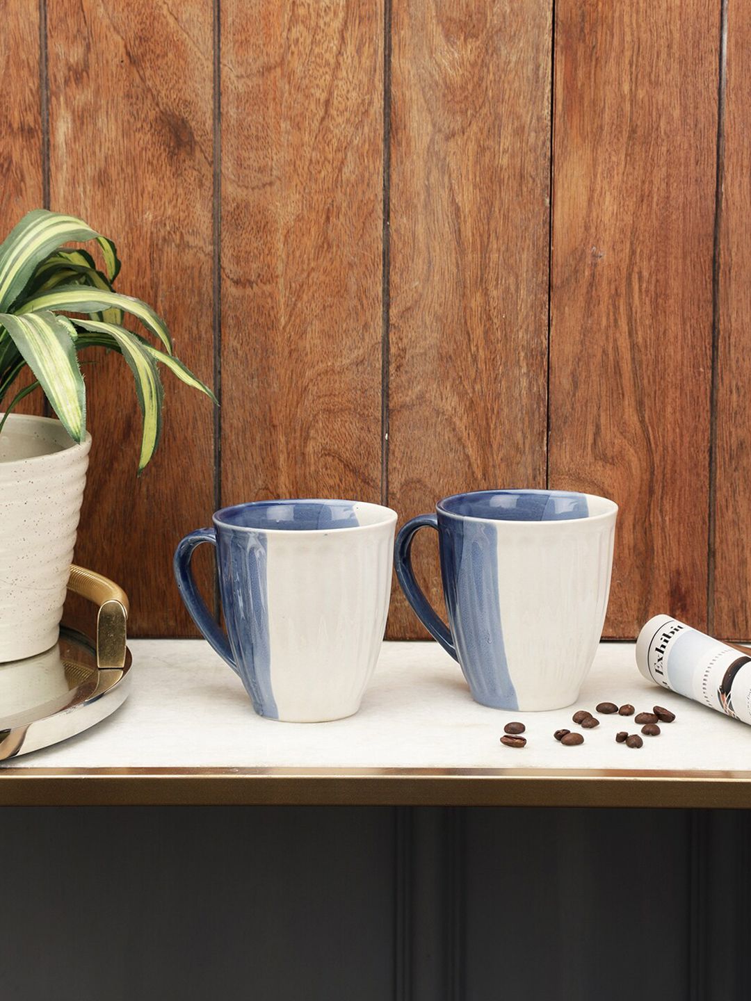 VarEesha Set Of 2 Blue & White Textured Ceramic Glossy Mugs Price in India