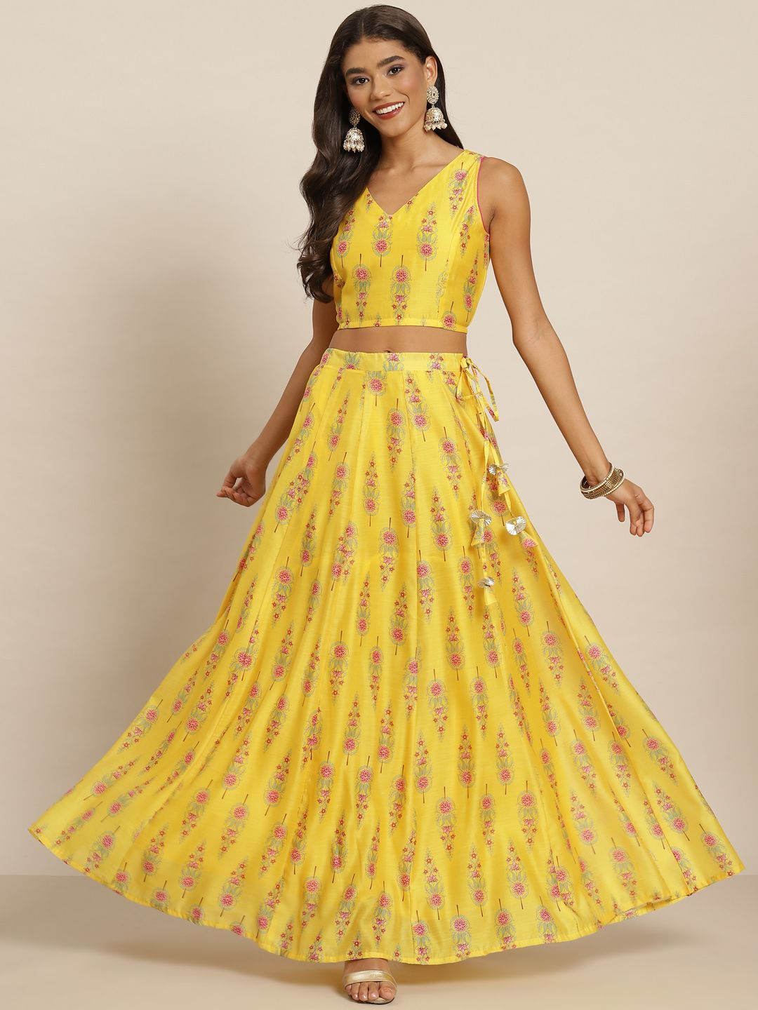 Shae by SASSAFRAS Yellow & Pink Printed Ready to Wear Lehenga & Choli Price in India