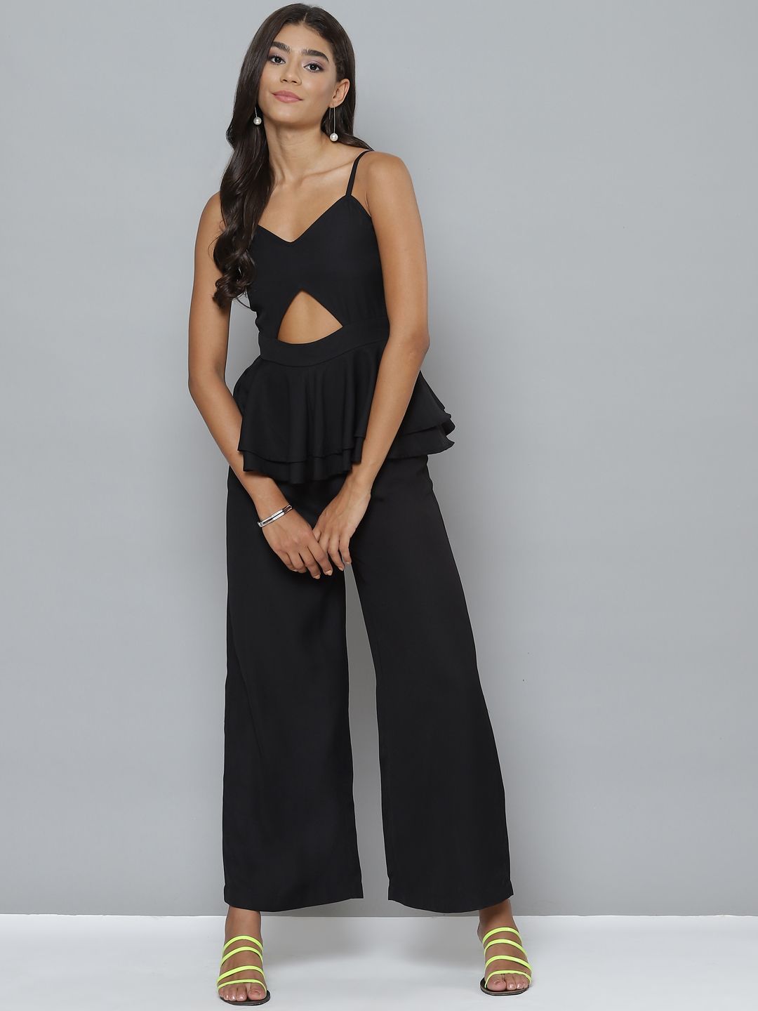 SASSAFRAS Black Peplum Layered Jumpsuit With Cut-out Detail Price in India