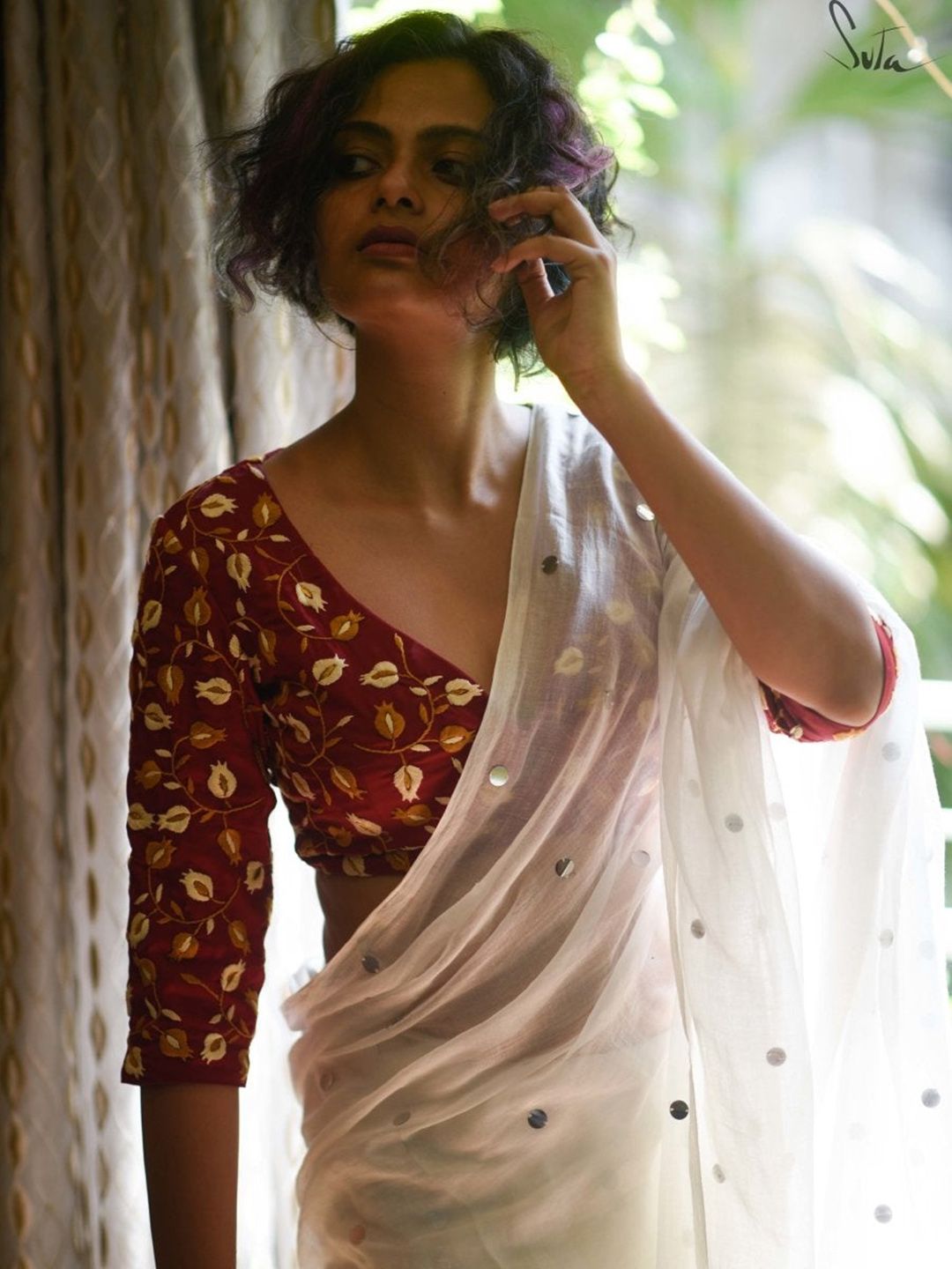 Suta Women Maroon & Orange Embroidered Cotton Saree Blouse Price in India
