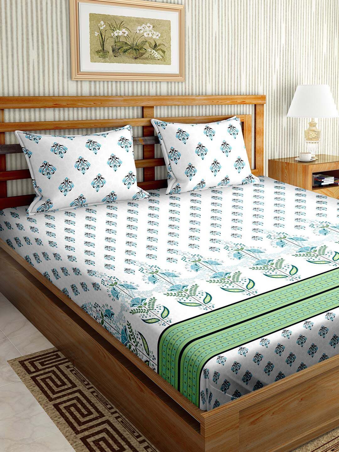 BELLA CASA Blue & White Ethnic Motifs 180 TC King Bedsheet with 2 Pillow Covers Price in India