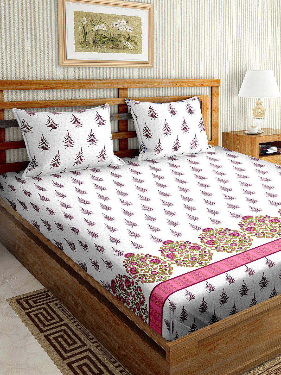 BELLA CASA Pink & White Floral 180 TC King Bedsheet with 2 Pillow Covers Price in India