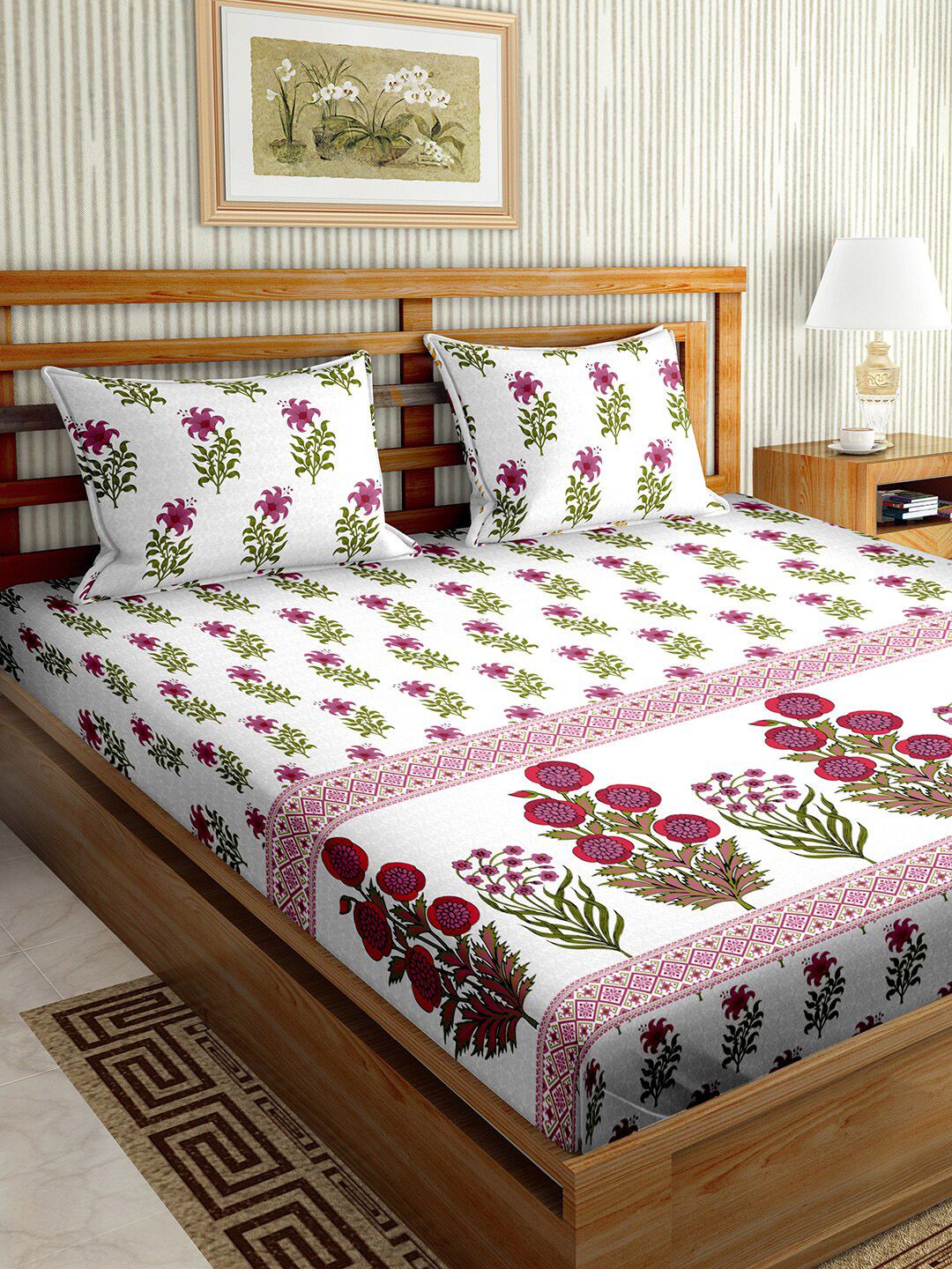 BELLA CASA Pink Floral 180 TC King Bedsheet with 2 Pillow Covers Price in India