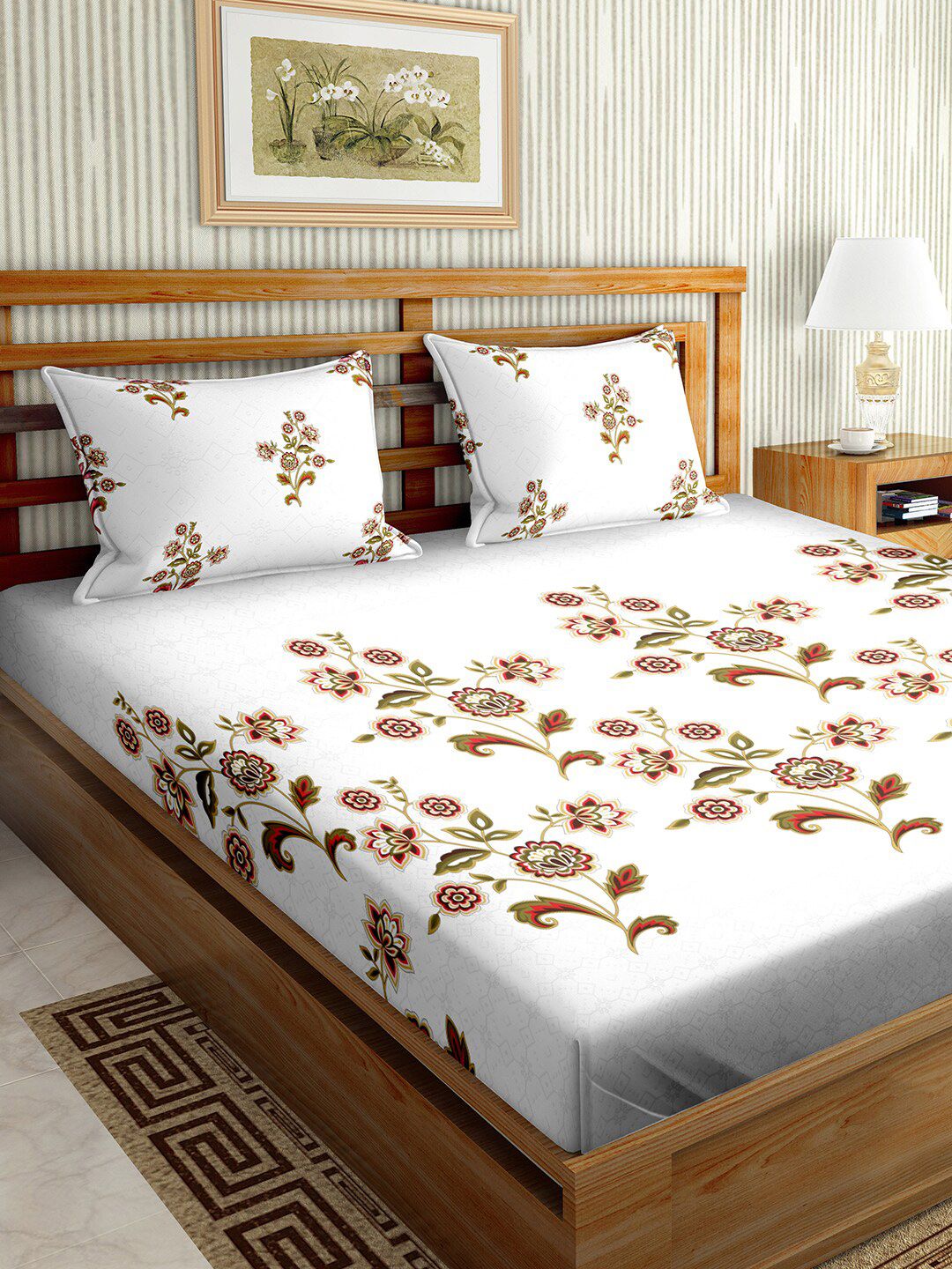 BELLA CASA White & Red Floral 180 TC King Bedsheet with 2 Pillow Covers Price in India