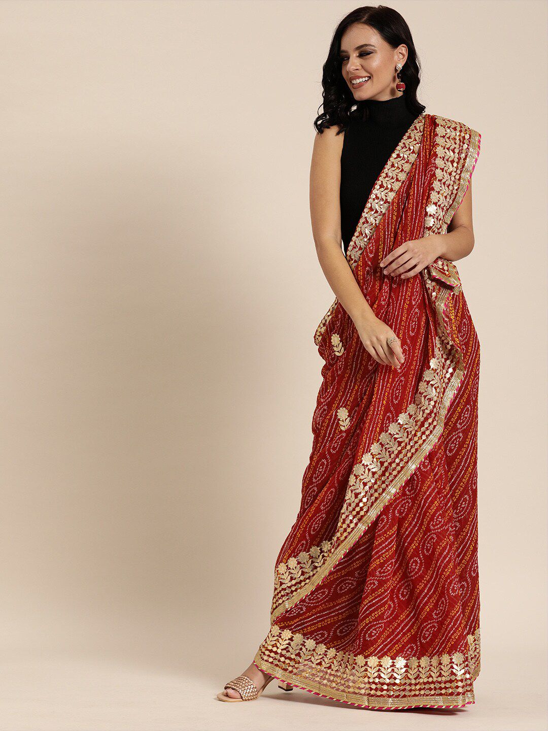 Mitera Red & Golden Bandhani Gotta Patti Bandhani Saree Price in India