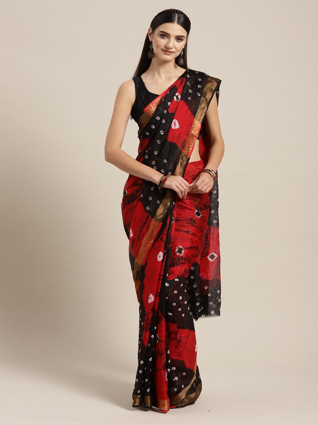 Mitera Red & Black Bandhani Art Silk Saree Price in India