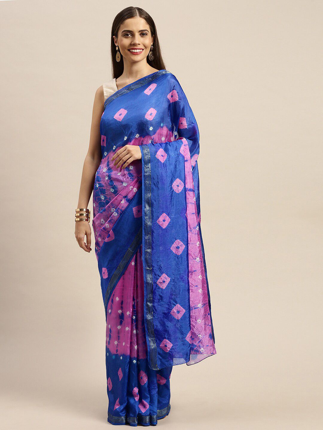 Mitera Blue & Pink Bandhani Print Art Silk Saree Price in India