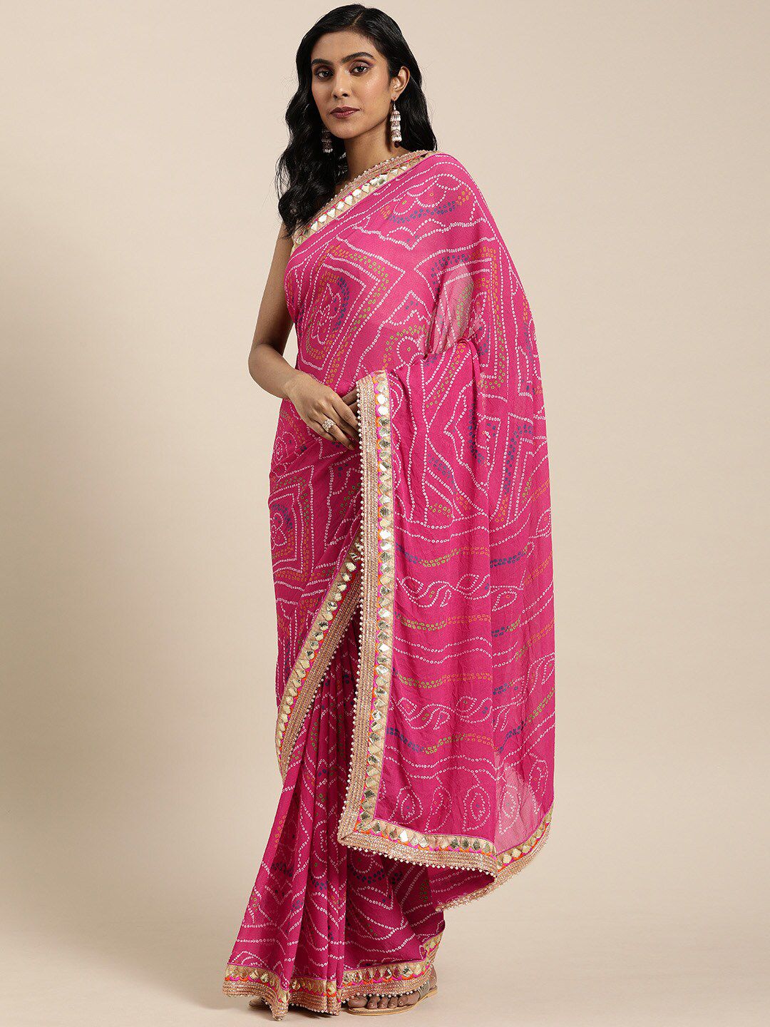 Mitera Pink & White Bandhani Print Georgette Saree Price in India