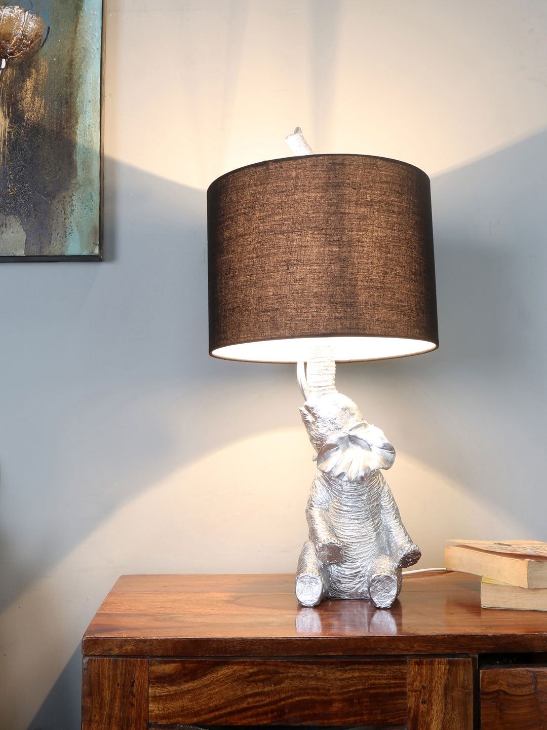 Athome by Nilkamal SIilver-Toned & Black Elephant Shaped Table Lamp Price in India