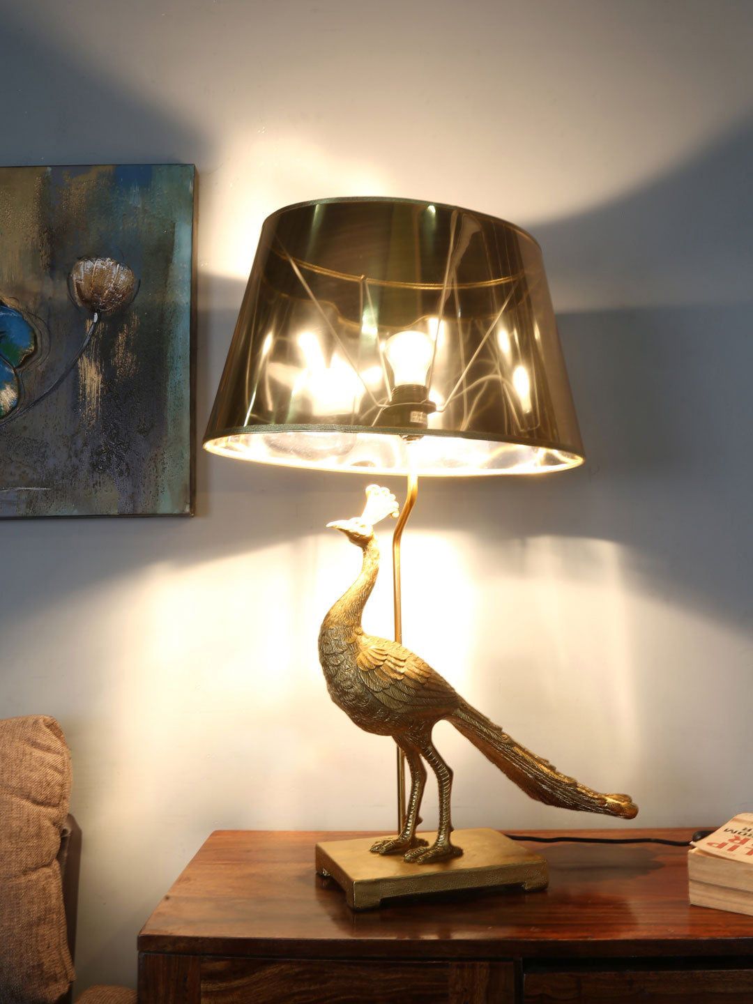 Athome by Nilkamal Gold-Toned Peacock Shaped Table Lamp Price in India