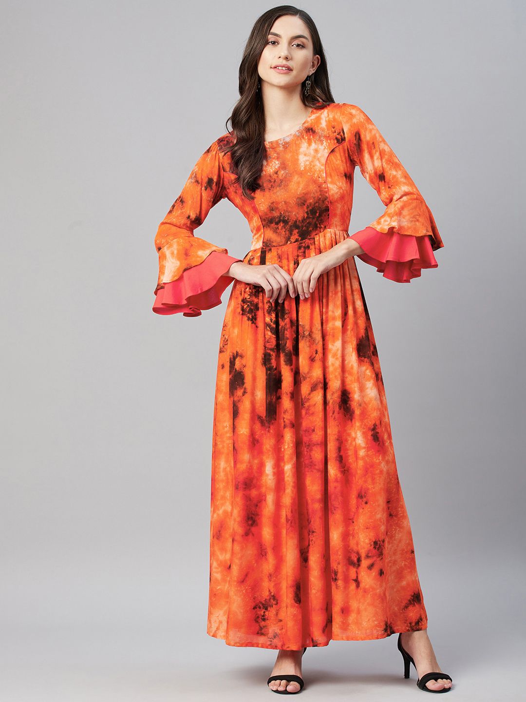 MBE Women Orange Tie and Dye Ethnic Maxi Dress Price in India