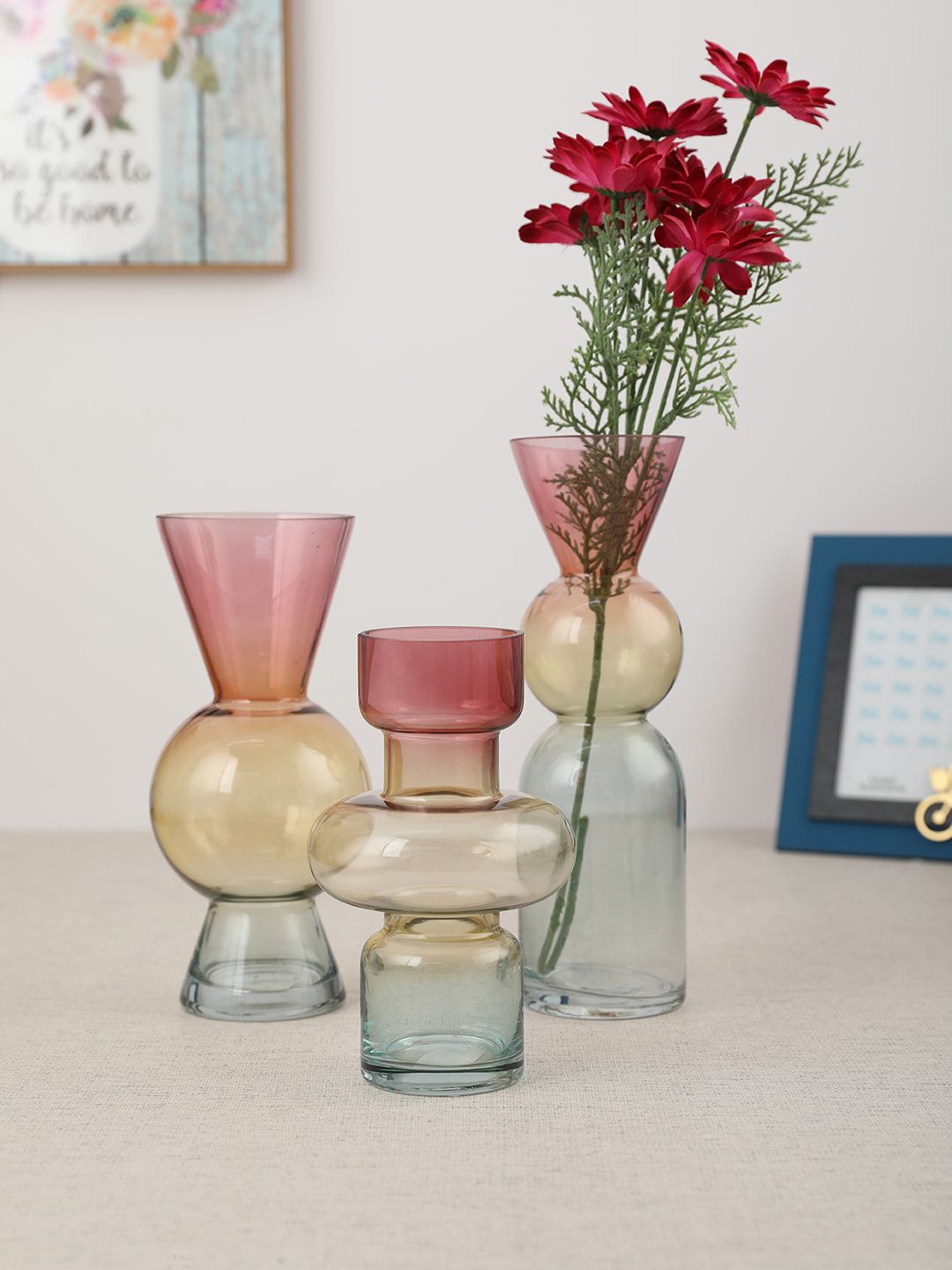HomeTown Pink & Yellow Color-Blocked Glass Flower Vase Price in India