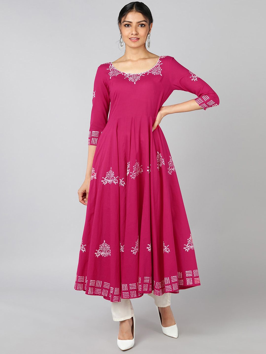 Indi INSIDE Women Pink Ethnic Motifs Block Printed Anarkali Kurta Price in India