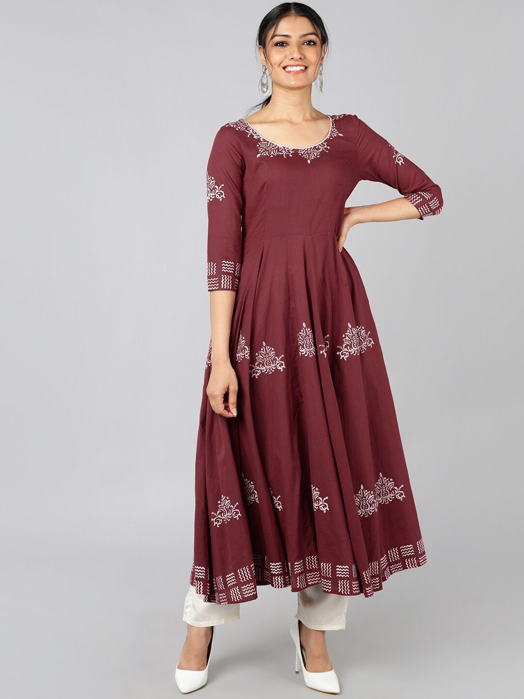 Indi INSIDE Women Maroon Ethnic Motifs Block Printed Anarkali Kurta Price in India