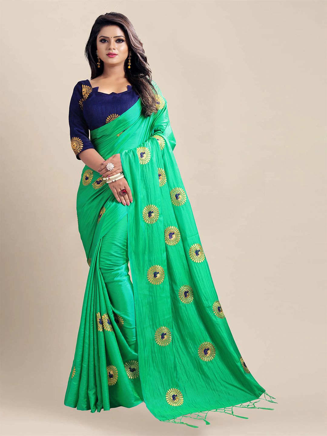 VAIVIDHYAM Green & Blue Ethnic Motifs Embroidered Art Silk Saree Price in India