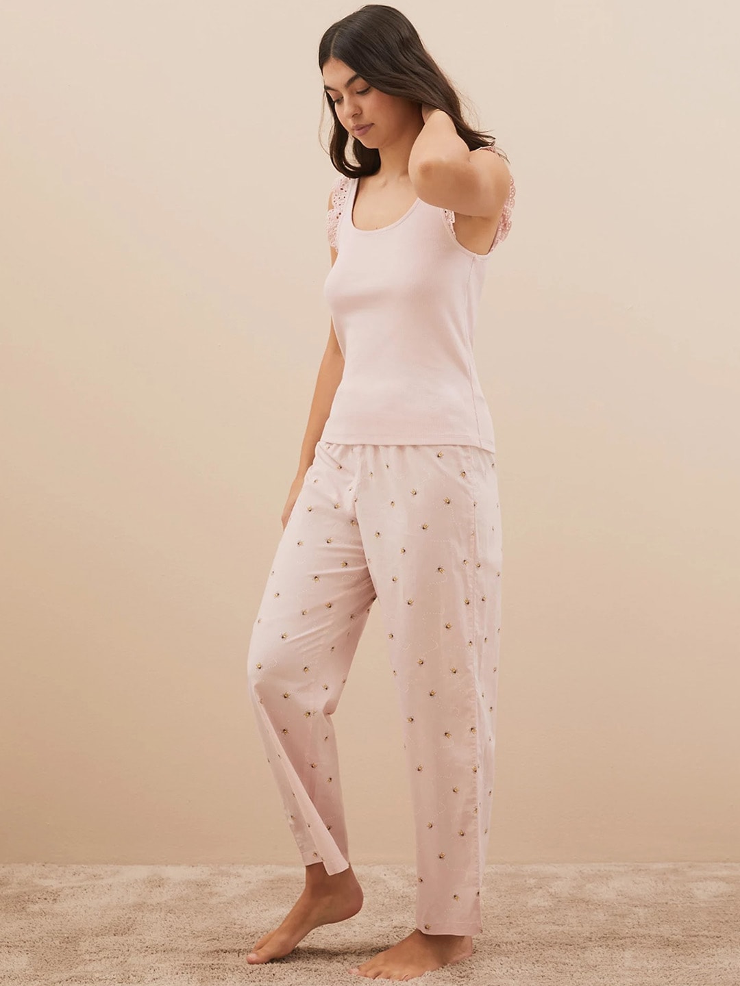 Marks & Spencer Women Pink & Yellow Printed Cotton Lounge Pants Price in India
