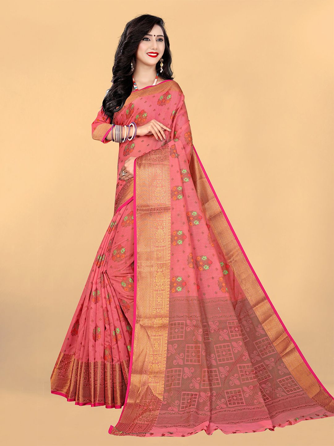 Rivana Pink & Gold-Toned Floral Zari Pure Cotton Banarasi Saree