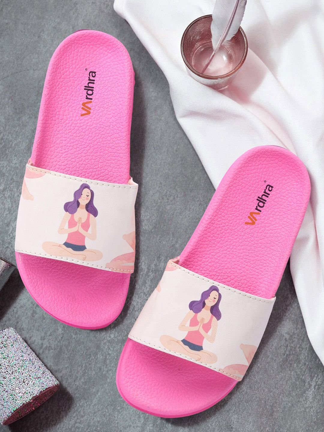 Vardhra Women Pink & White Printed Sliders Price in India