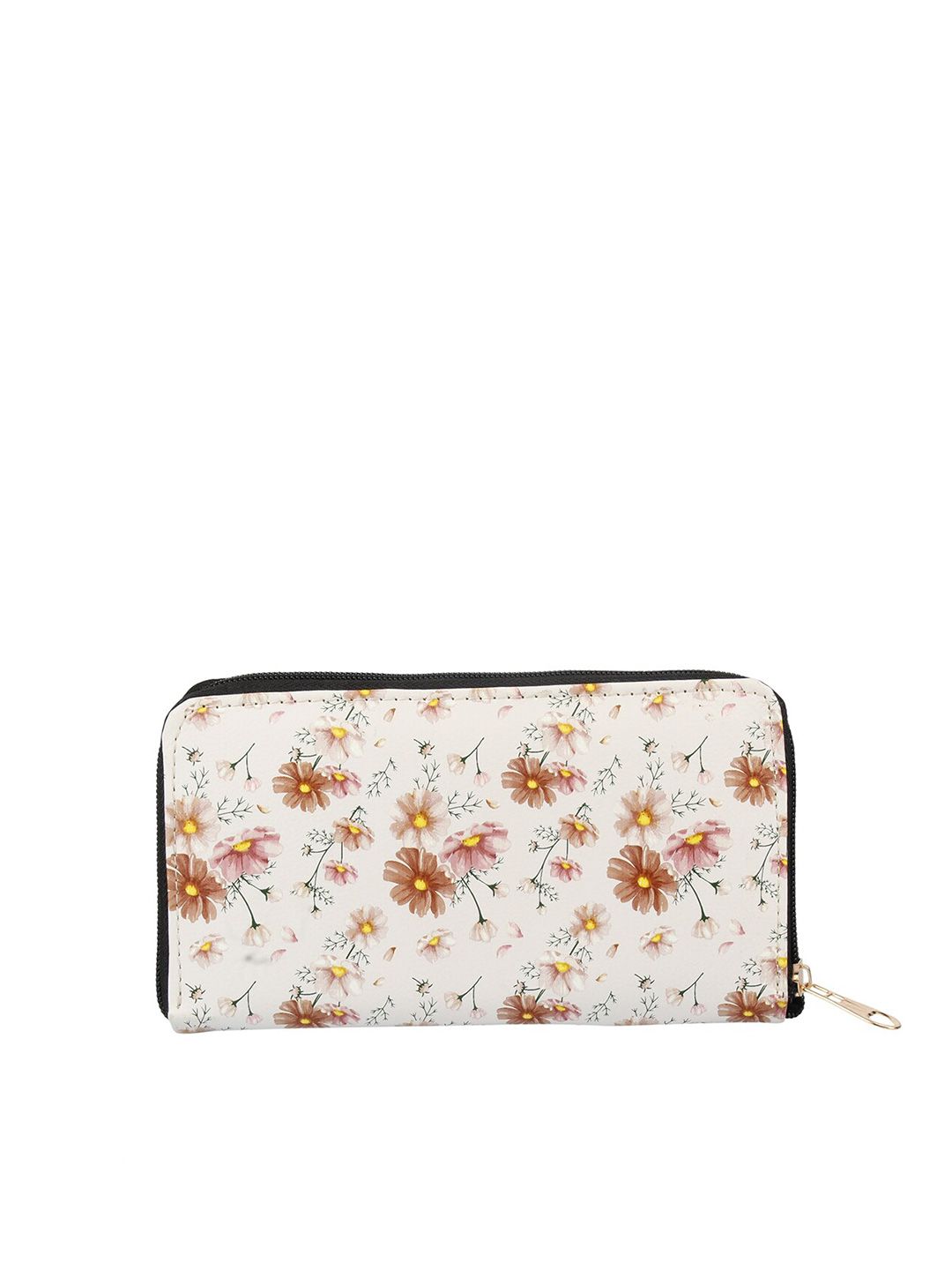 MAMMON Women White & Brown Floral Printed PU Zip Around Wallet Price in India