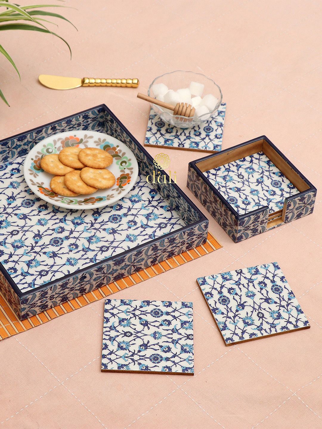 DULI Blue Printed Multipurpose Serving Tray & 6 Coasters set Price in India