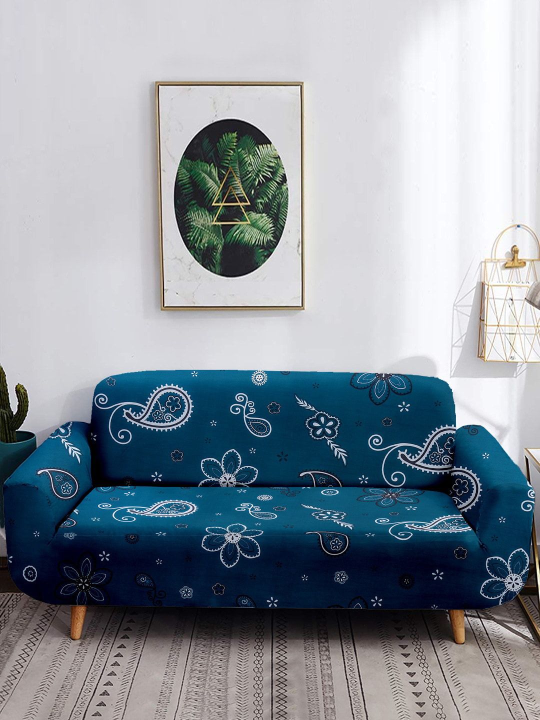 Cortina Blue & White Printed Sofa Cover Price in India