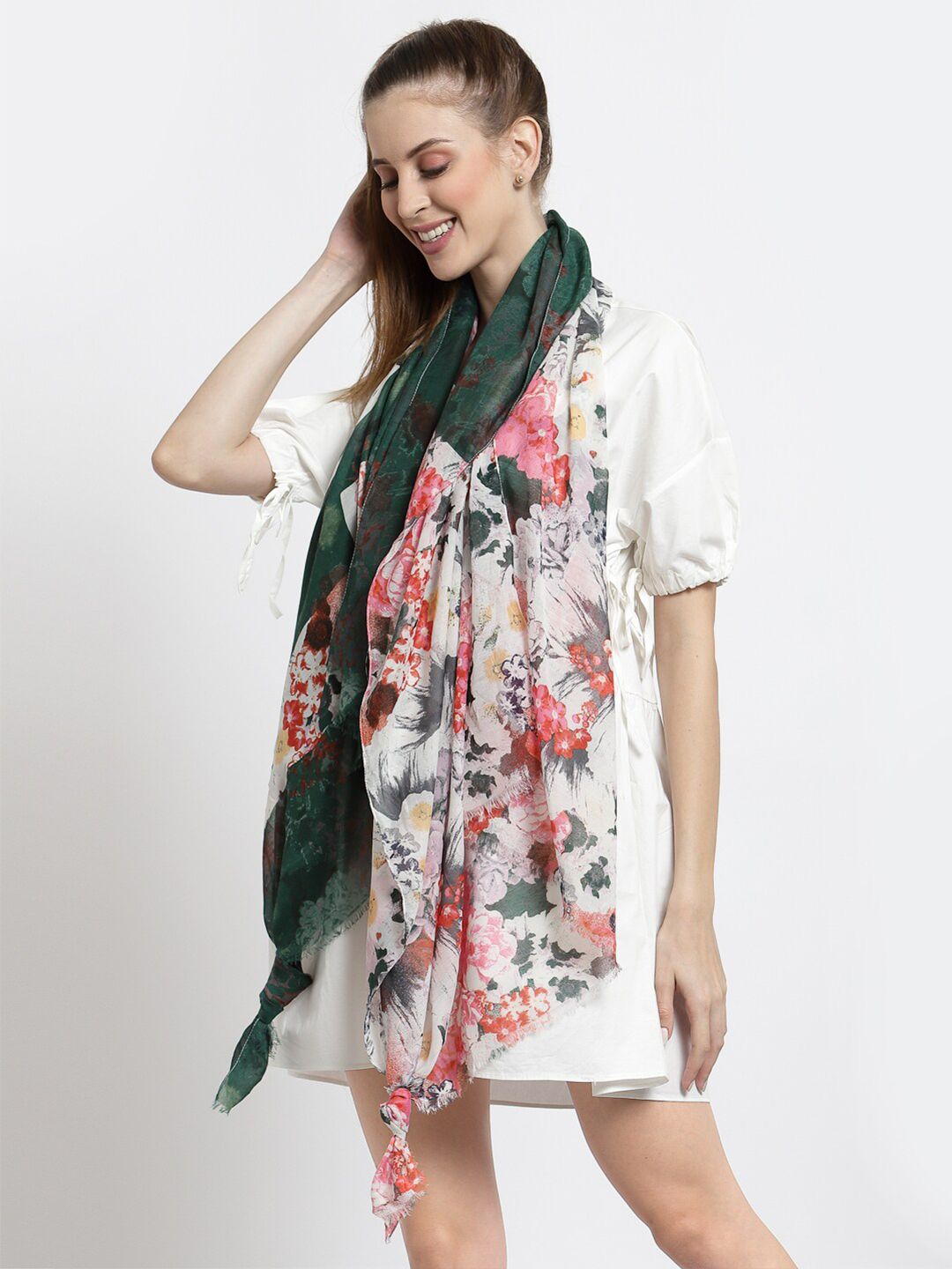 J Style Women White & Pink Printed Stole Price in India