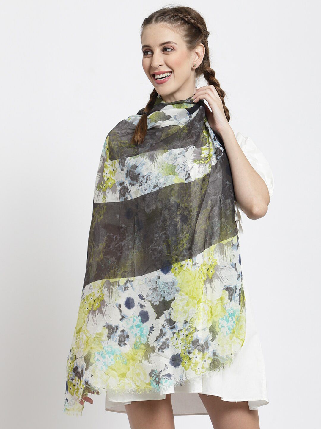 J Style Women Grey & White Floral Printed Stole Price in India