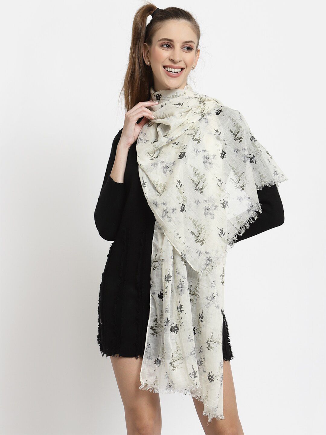 J Style Women Cream-Coloured & Green Printed Cotton Stole Price in India