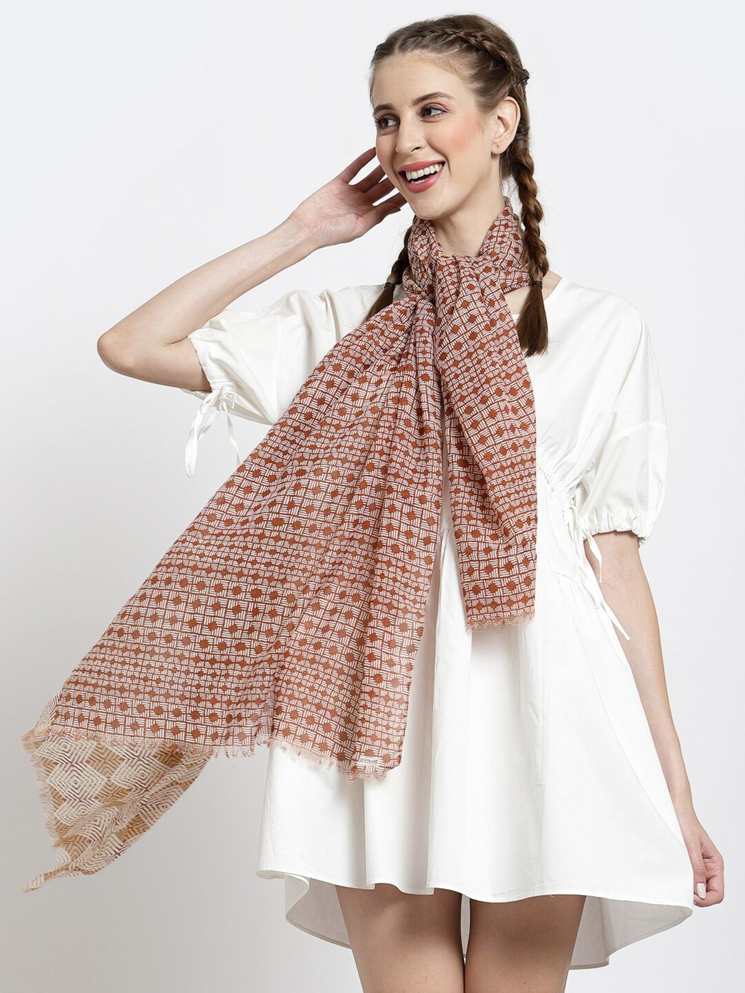 J Style Women Beige & Brown Printed Cotton Stole Price in India