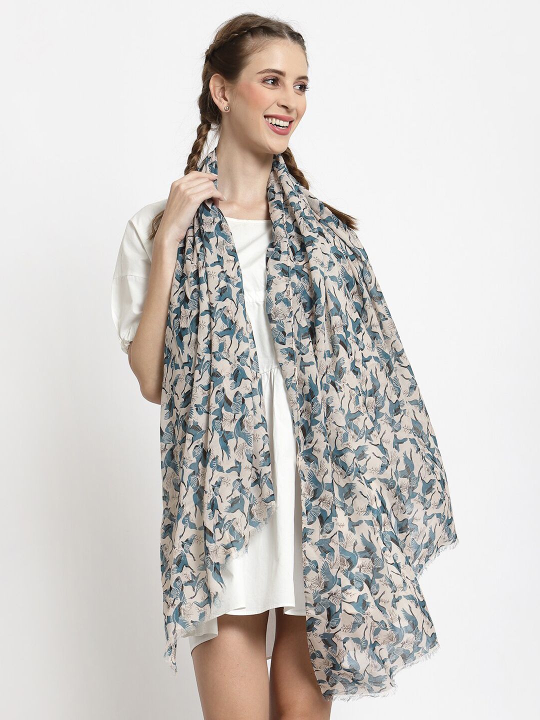 J Style Women Blue & Cream-Coloured Printed Cotton Stole Price in India