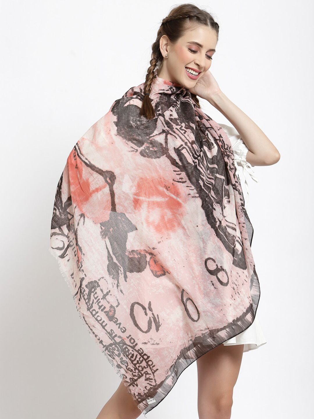 J Style Women Cream-Coloured & Pink Printed Stole Price in India