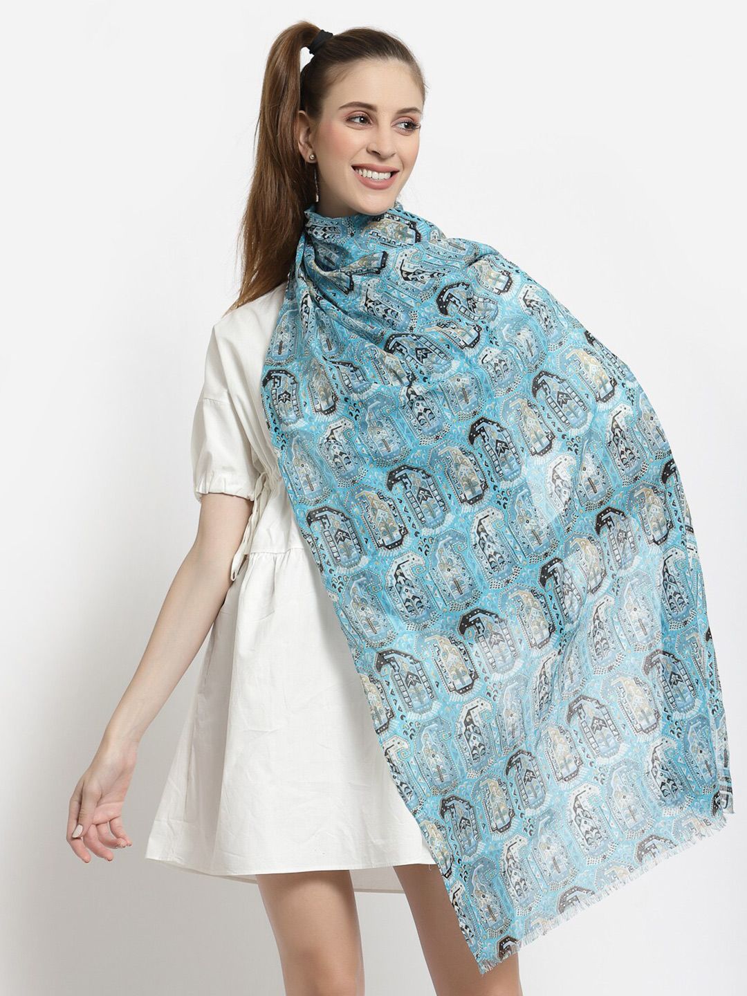 J Style Women Blue Printed Stole 100% COTTON Price in India