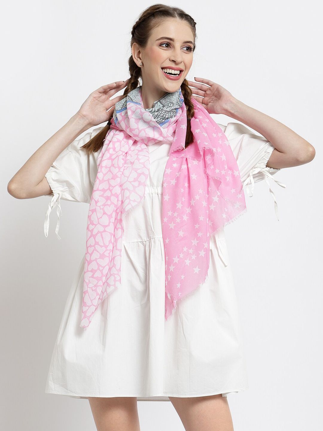 J Style Women Pink & Grey Printed Cotton Stole Price in India