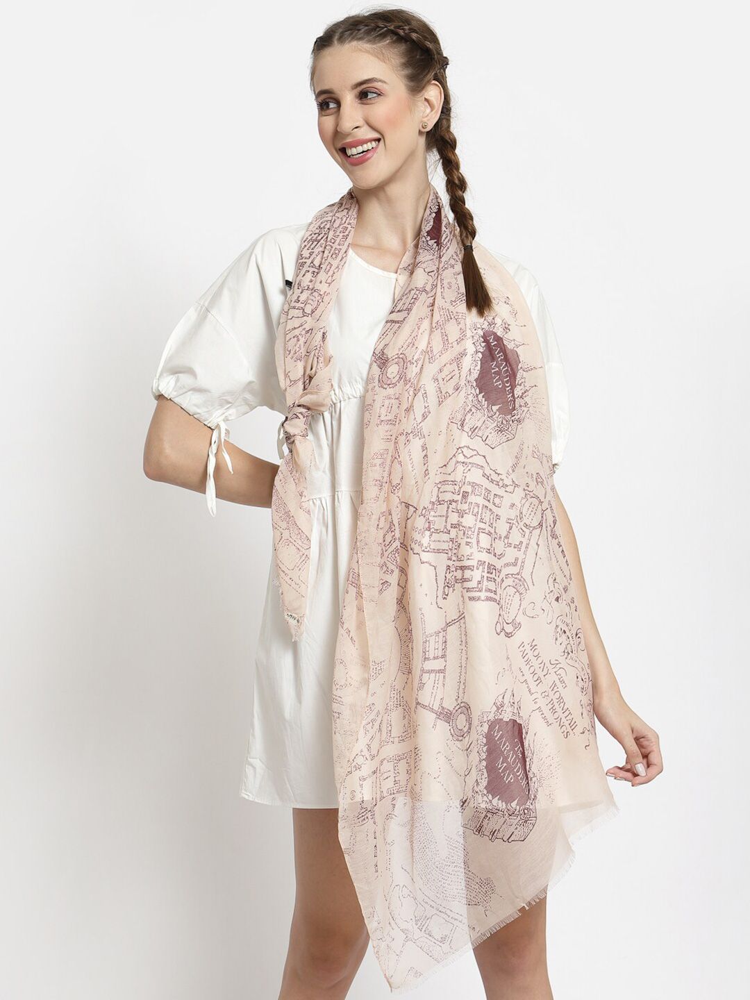 J Style Women Cream-Coloured & Brown Printed Cotton Stole Price in India