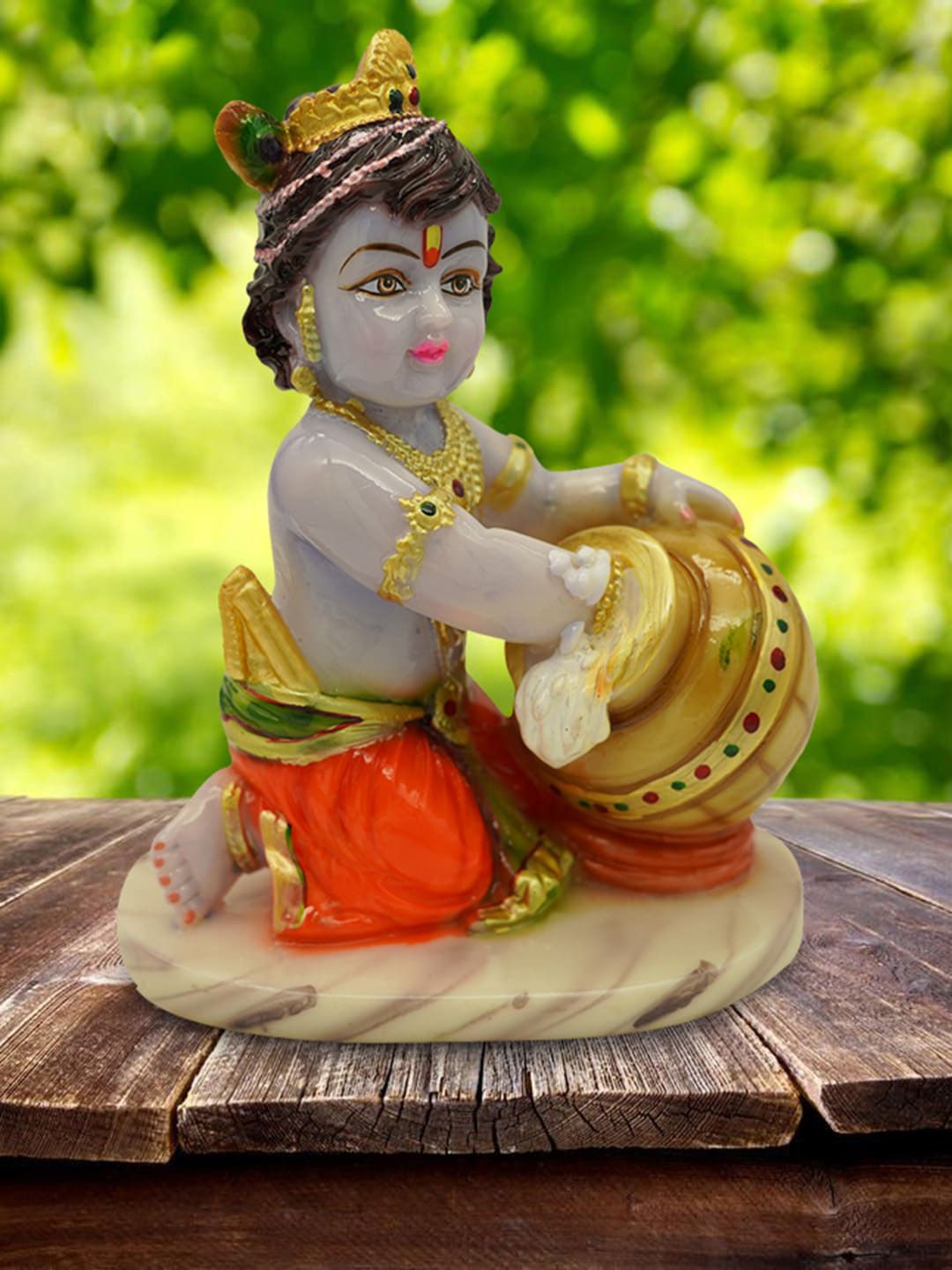 Gallery99 Orange & Yellow  Hand Painted Lord Krishna Idol Makhan Chor God Figurines Showpieces Price in India