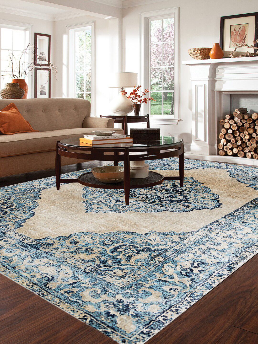DDecor Blue & Beige Ethnic Motifs Printed Carpet Price in India