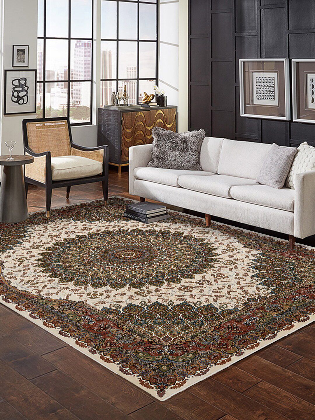 DDecor Brown & Cream Colored Ethnic Motifs Traditional Carpet Price in India
