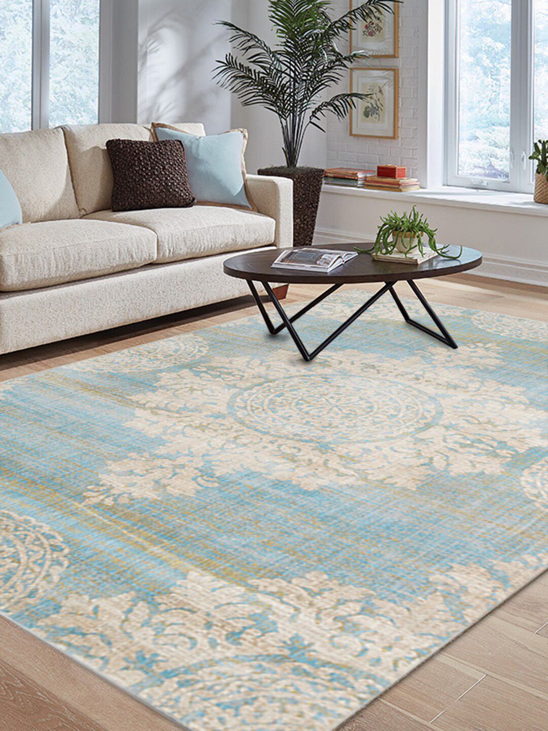 DDecor Blue & Cream Colored Ethnic Motifs Traditional Carpet Price in India