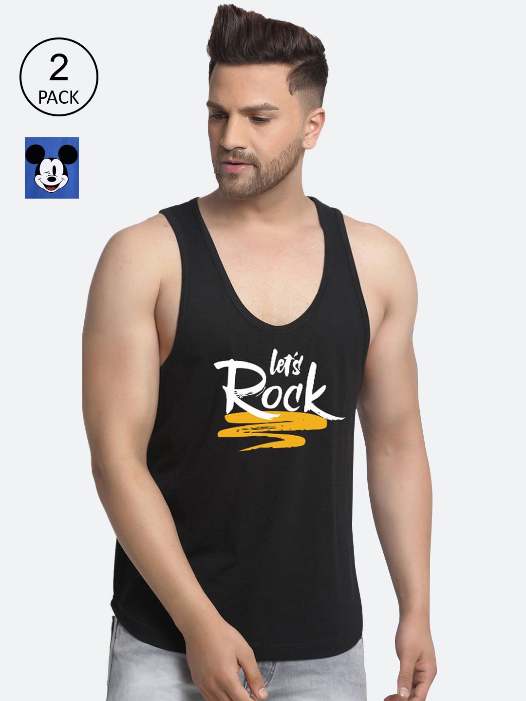 Friskers Men Pack Of 2 Rock Micky Mouse Printed Pure Cotton Innerwear Vests
