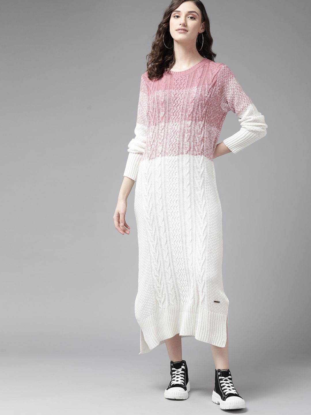 The Roadster Lifestyle Co. White & Pink Cable Knit Jumper Dress Price in India