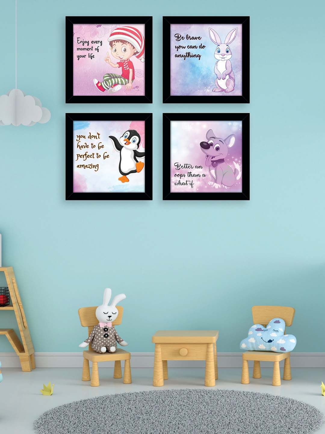 nest ART Set Of 4 Blue & Purple Cartoon Animal Framed Wall Art Price in India