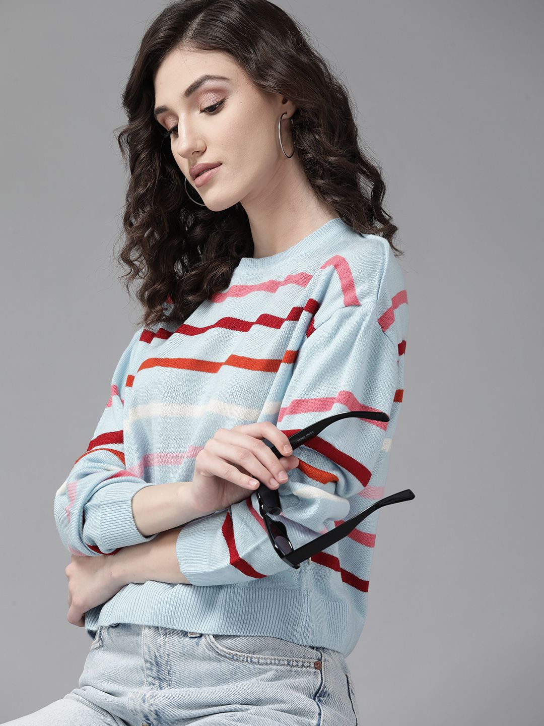 The Roadster Lifestyle Co. Women Blue Striped Acrylic Drop-Shoulder Sleeves Pullover