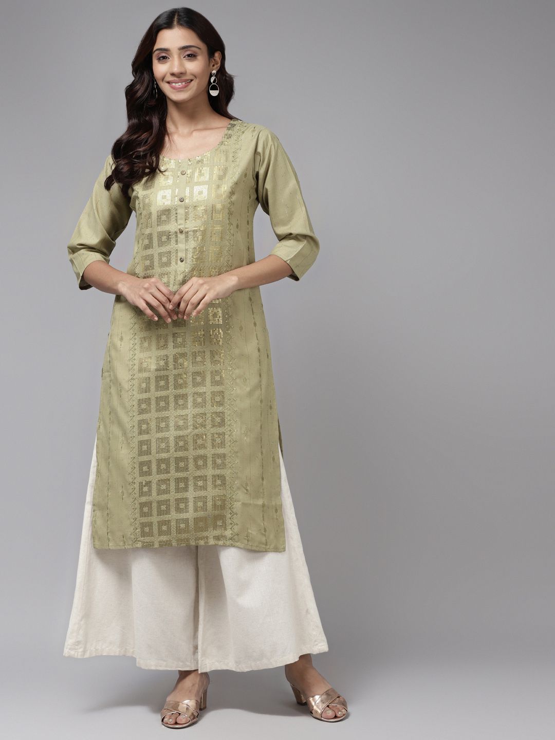 Aarika Women Green & Cream-Coloured Geometric Embellished Pure Cotton Kurti Price in India